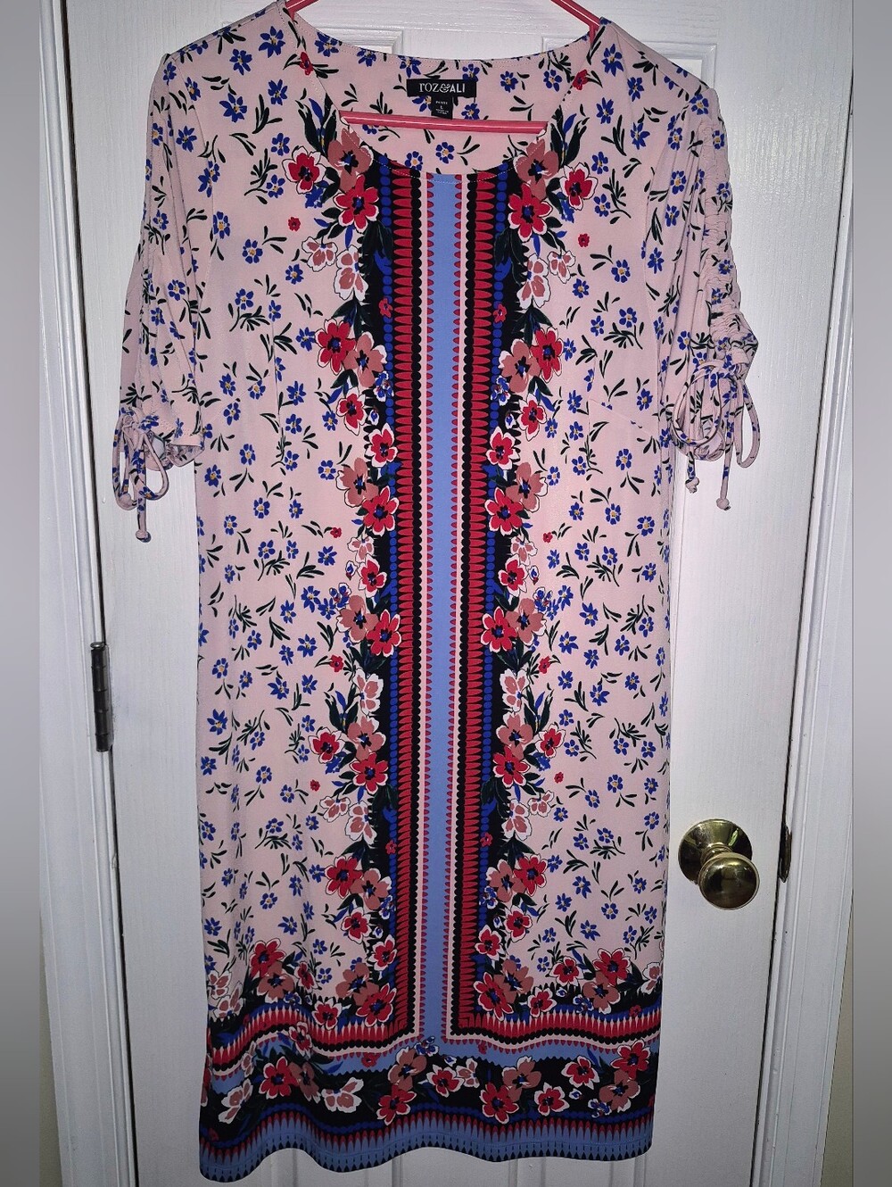 Roz & Ali Floral Border Print Shift Dress Tie Sleeves Light Pink – Petite Large